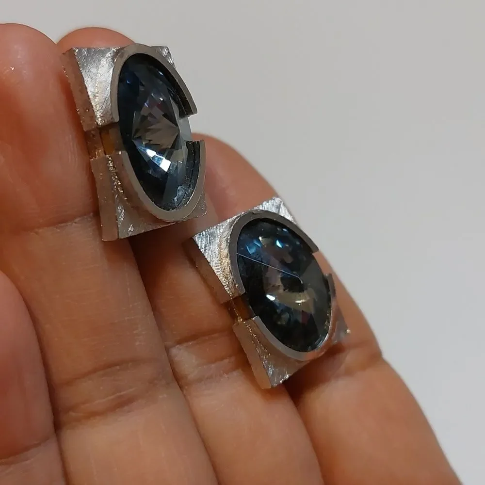 Vintage Dante Blue Rivoli Crystal Silver Tone Cufflinks
